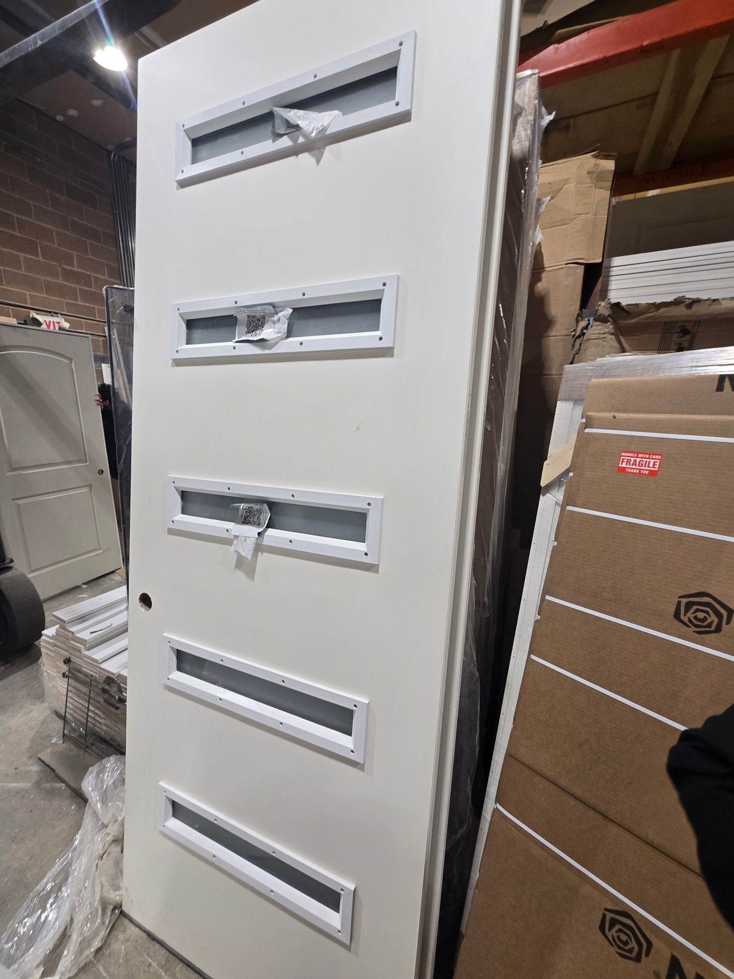 MMI IN STOCK 3'0 X 8'0 5-Lite Frosted Unfinished Exterior Door Left Hand Inswing Single Bore Black Hinges Bronze Sill FJ-Primed Jambs & Brickmould Applied (842H5)