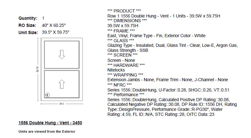 MI IN STOCK V3000 1556 Double Hung 3450 Egress Window Frame Size: 39.5" X 59.75" White Vinyl Exterior & Interior NO SCREEN White Hardware New Construction With Fins