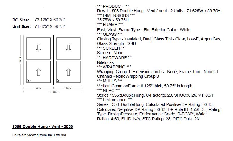 MI IN STOCK V3000 1556 Twin Double Hung 3050 Egress Window Frame Size: 71.625" X 59.75" White Vinyl Exterior & Interior NO SCREEN White Hardware New Construction With Fins
