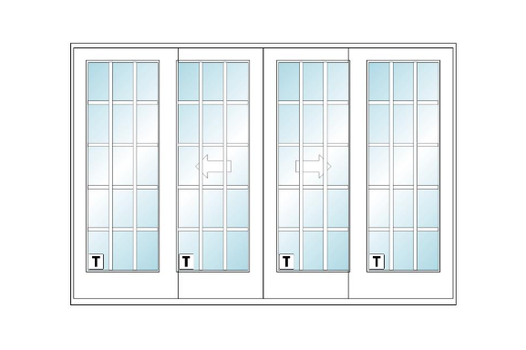 ANDERSEN FWG10068 400 Series 117" X 79 1/2" Frenchwood Sliding/Gliding Vinyl Exterior Wood Interior Dual Pane Low-E Tempered Argon Fill Glass 4 Panel Patio Door Grilles/Screen