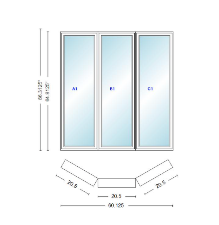 Andersen 400 Series Casement Bay Window Left-Stationary-Right 60 1/8" Wide Casement With Casement Flankers 30 Degree Angle Of Deflection Vinyl Exterior Wood Interior Low-E4 Dual Pane Argon Gas