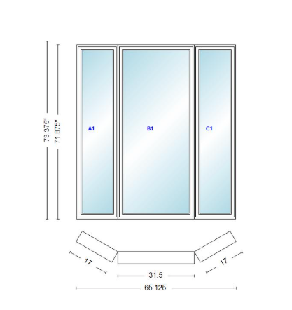 Andersen 400 Series Casement Bay Window Left-Stationary-Right 65 1/8" Wide Casement With Casement Flankers 30 Degree Angle Of Deflection Vinyl Exterior Wood Interior Low-E4 Dual Pane Argon Gas