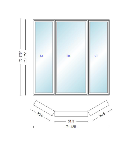 Andersen 400 Series Casement Bay Window Left-Stationary-Right 71 1/8" Wide Casement With Casement Flankers 30 Degree Angle Of Deflection Vinyl Exterior Wood Interior Low-E4 Dual Pane Argon Gas