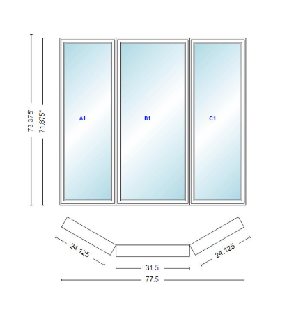 Andersen 400 Series Casement Bay Window Left-Stationary-Right 77 1/2" Wide Casement With Casement Flankers 30 Degree Angle Of Deflection Vinyl Exterior Wood Interior Low-E4 Dual Pane Argon Gas