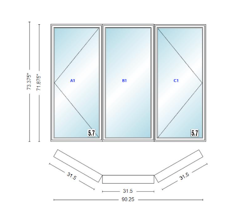 Andersen 400 Series Casement Bay Window Left-Stationary-Right 90 1/4" Wide Casement With Casement Flankers 30 Degree Angle Of Deflection Vinyl Exterior Wood Interior Low-E4 Dual Pane Argon Gas