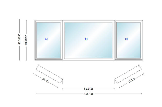 Andersen 400 Series Casement Bay Window Left-Stationary-Right 106 1/8" Wide Picture With Casement Flankers 30 Degree Angle Of Deflection Vinyl Exterior Wood Interior Low-E4 Dual Pane Argon Gas