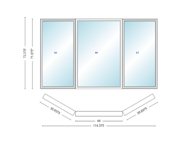 Andersen 400 Series Casement Bay Window Left-Stationary-Right 114 3/8" Wide Picture with Casement Flankers 30 Degree Angle Of Deflection Vinyl Exterior Wood Interior Low-E4 Dual Pane Argon Gas