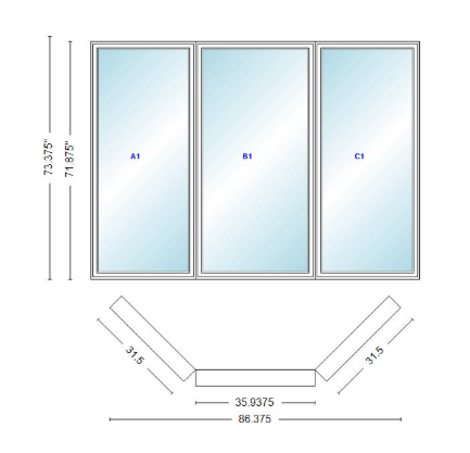 Andersen 400 Series Casement Bay Window Left-Stationary-Right 86 3/8" Wide Casement With Casement Flankers 45 Degree Angle Of Deflection Vinyl Exterior Wood Interior Low-E4 Dual Pane Argon Gas