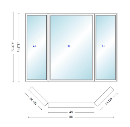Andersen 400 Series Casement Bay Window Left-Stationary-Right 88" Wide Picture With Casement Flankers 45 Degree Angle Of Deflection Vinyl Exterior Wood Interior Low-E4 Dual Pane Argon Gas