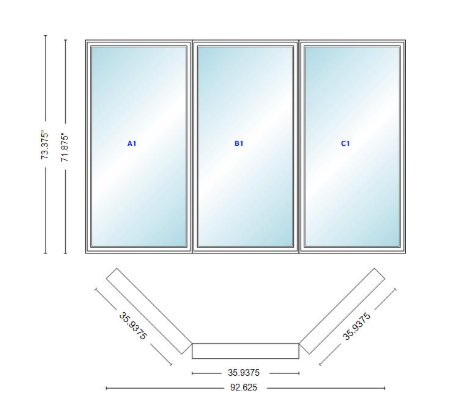 Andersen 400 Series Casement Bay Window Left-Stationary-Right 92 5/8" Wide Casement With Casement Flankers 45 Degree Angle Of Deflection Vinyl Exterior Wood Interior Low-E4 Dual Pane Argon Gas
