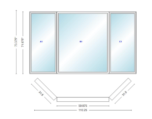 Andersen 400 Series Casement Bay Window Left-Stationary-Right 110 1/4" Wide Picture With Casement Flankers 45 Degree Angle Of Deflection Vinyl Exterior Wood Interior Low-E4 Dual Pane Argon Gas