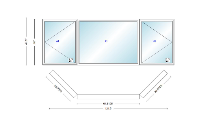 Andersen 400 Series Casement Bay Window Left-Stationary-Right 121 1/2" Wide Picture With Casement Flankers 45 Degree Angle Of Deflection Vinyl Exterior Wood Interior Low-E4 Dual Pane Argon Gas