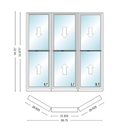 Andersen 400 Series Double Hung Bay Window 88 3/4" Wide Double Hung With Double Hung Flankers 30 Degree Angle Of Deflection Vinyl Exterior Wood Interior Low-E4 Dual Pane Argon Gas