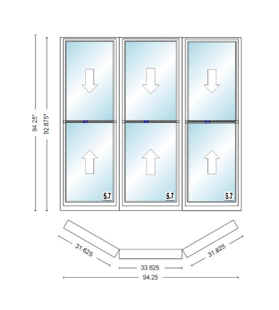Andersen 400 Series Double Hung Bay Window 94 1/4" Wide Double Hung With Double Hung Flankers 30 Degree Angle Of Deflection Vinyl Exterior Wood Interior Low-E4 Dual Pane Argon Gas