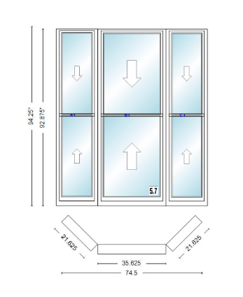 Andersen 400 Series Double Hung Bay Window 74 1/2" Wide Double Hung With Double Hung Flankers 45 Degree Angle Of Deflection Vinyl Exterior Wood Interior Low-E4 Dual Pane Argon Gas