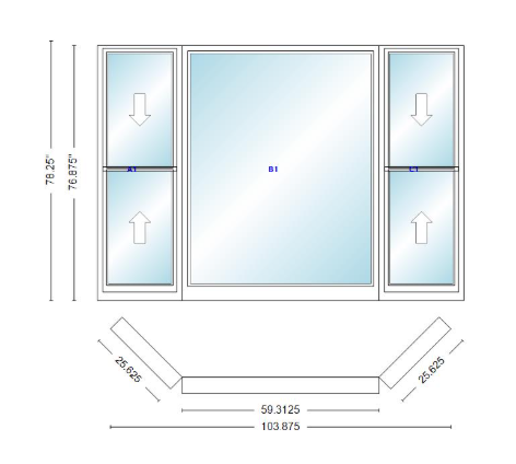 Andersen 400 Series Double Hung Bay Window 103 7/8" Wide Picture With Double Hung Flankers 45 Degree Angle Of Deflection Vinyl Exterior Wood Interior Low-E4 Dual Pane Argon Gas