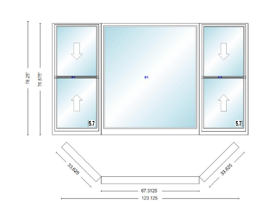 Andersen 400 Series Double Hung Bay Window 123 1/8" Wide Picture With Double Hung Flankers 45 Degree Angle Of Deflection Vinyl Exterior Wood Interior Low-E4 Dual Pane Argon Gas
