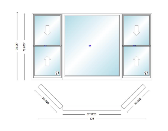 Andersen 400 Series Double Hung Bay Window 126" Wide Picture With Double Hung Flankers 45 Degree Angle Of Deflection Vinyl Exterior Wood Interior Low-E4 Dual Pane Argon Gas
