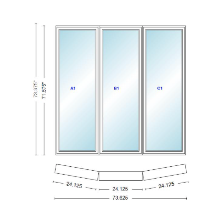 Andersen 400 Series 3 Wide Casement Bow Window 73 5/8" Wide Fixed Casement With Casement Flankers 10 Degree Angle Of Deflection Vinyl Exterior Wood Interior Low-E4 Dual Pane Argon Gas