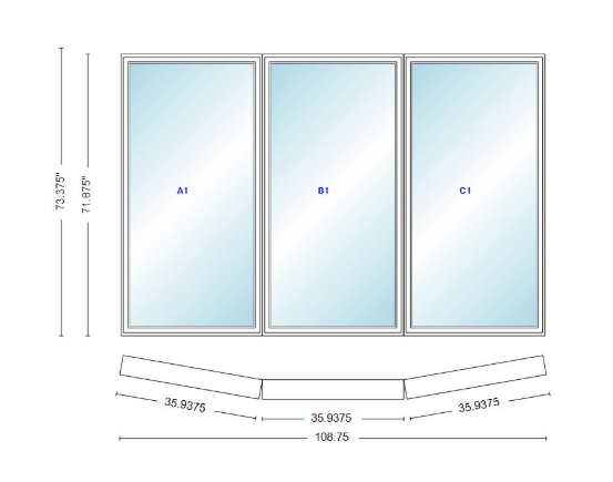 Andersen 400 Series 3 Wide Casement Bow Window 108 3/4" Wide Fixed Casement With Casement Flankers 10 Degree Angle Of Deflection Vinyl Exterior Wood Interior Low-E4 Dual Pane Argon Gas