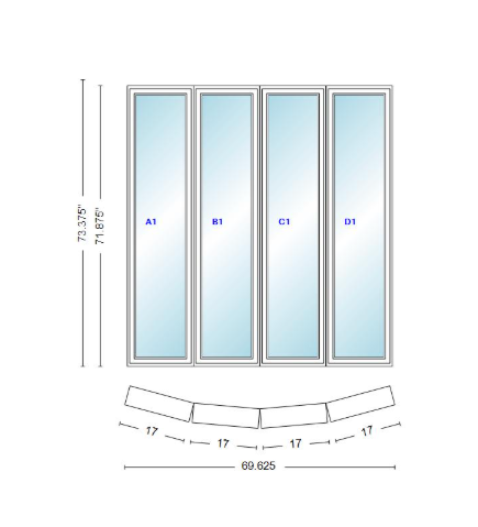 Andersen 400 Series 4 Wide Casement Bow Window 69 5/8" Wide Casements With Fixed Casement Flankers 10 Degree Angle Of Deflection Vinyl Exterior Wood Interior Low-E4 Dual Pane Argon Gas