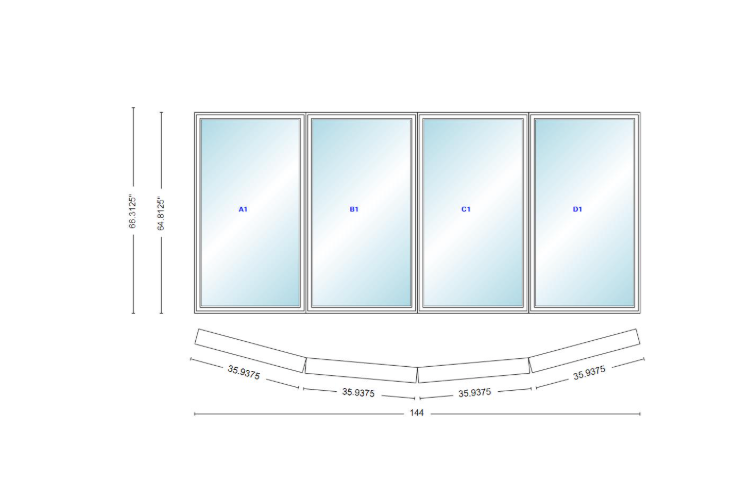 Andersen 400 Series 4 Wide Casement Bow Window 144" Wide Casements With Fixed Casement Flankers 10 Degree Angle Of Deflection Vinyl Exterior Wood Interior Low-E4 Dual Pane Argon Gas