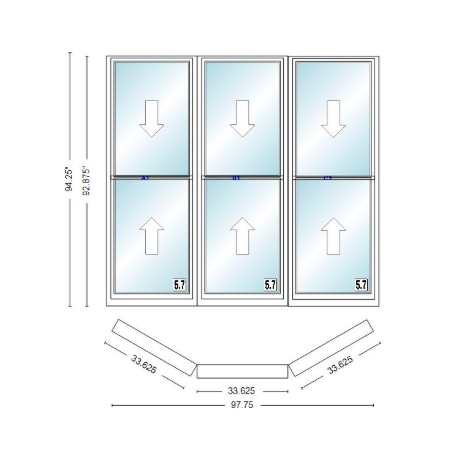 Andersen 400 Series Double Hung Bay Window 97 3/4" Wide Double Hung With Double Hung Flankers 30 Degree Angle Of Deflection Vinyl Exterior Wood Interior Low-E4 Dual Pane Argon Gas