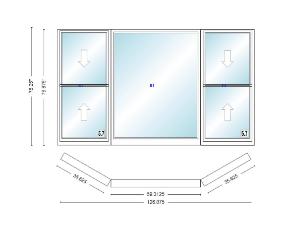 Andersen 400 Series Double Hung Bay Window 126 7/8" Wide Picture With Double Hung Flankers 30 Degree Angle Of Deflection Vinyl Exterior Wood Interior Low-E4 Dual Pane Argon Gas