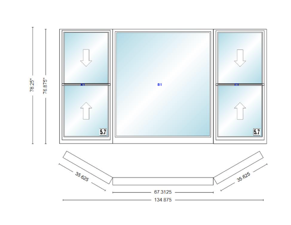 Andersen 400 Series Double Hung Bay Window 134 7/8" Wide Picture With Double Hung Flankers 30 Degree Angle Of Deflection Vinyl Exterior Wood Interior Low-E4 Dual Pane Argon Gas