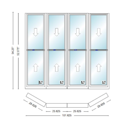 Andersen 400 Series Double Hung Bay Window 101 5/8" Wide Double Hung With Double Hung Flankers 30 Degree Angle Of Deflection Vinyl Exterior Wood Interior Low-E4 Dual Pane Argon Gas