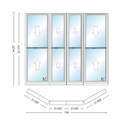 Andersen 400 Series Double Hung Bay Window 104" Wide Double Hung With Double Hung Flankers 30 Degree Angle Of Deflection Vinyl Exterior Wood Interior Low-E4 Dual Pane Argon Gas