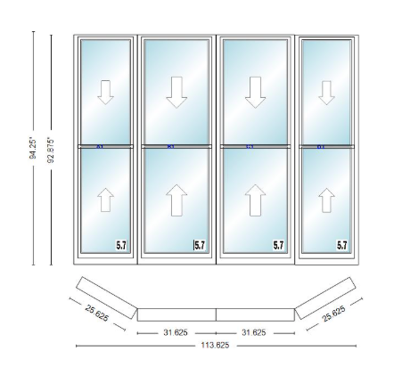Andersen 400 Series Double Hung Bay Window 113 5/8" Wide Double Hung With Double Hung Flankers 30 Degree Angle Of Deflection Vinyl Exterior Wood Interior Low-E4 Dual Pane Argon Gas