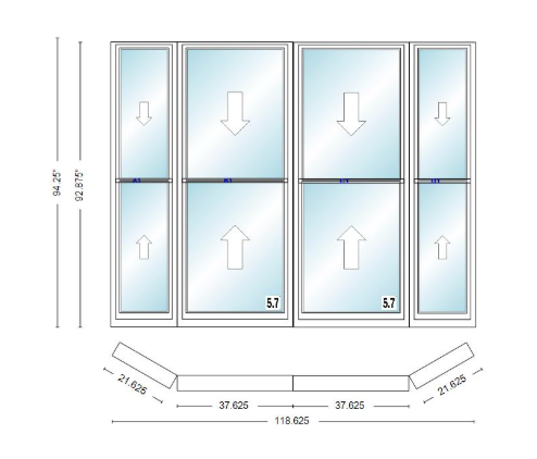 Andersen 400 Series Double Hung Bay Window 118 5/8" Wide Double Hung With Double Hung Flankers 30 Degree Angle Of Deflection Vinyl Exterior Wood Interior Low-E4 Dual Pane Argon Gas