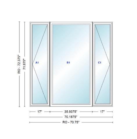 ANDERSEN Windows 400 Series LFR Picture With Casement Flankers 70-3/16" Wide Vinyl Exterior Wood Interior New Construction Low-E4 Dual Pane Argon Fill Glass Full Screens/Grilles/Tempered Optional