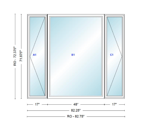 ANDERSEN Windows 400 Series LFR Picture With Casement Flankers 82-1/4" Wide Vinyl Exterior Wood Interior New Construction Low-E4 Dual Pane Argon Fill Glass Full Screens/Grilles/Tempered Optional