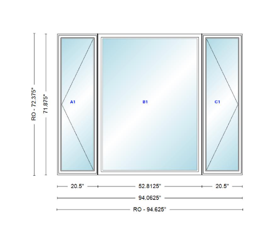 ANDERSEN Windows 400 Series LFR Picture With Casement Flankers 94-1/16" Wide Vinyl Exterior Wood Interior New Construction Low-E4 Dual Pane Argon Fill Glass Full Screens/Grilles/Tempered Optional