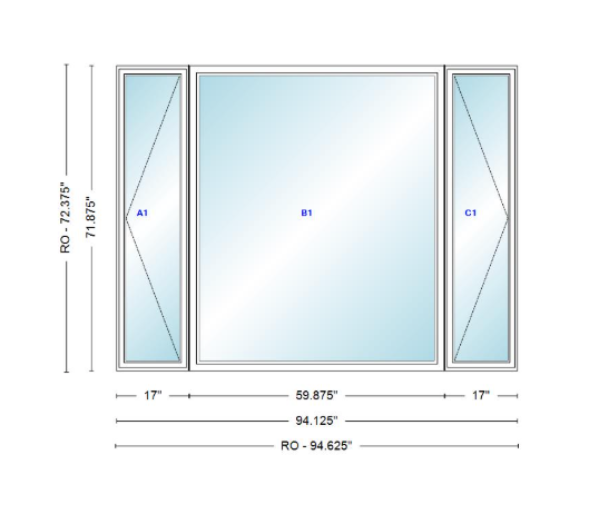 ANDERSEN Windows 400 Series LFR Picture With Casement Flankers 94-1/8" Wide Vinyl Exterior Wood Interior New Construction Low-E4 Dual Pane Argon Fill Glass Full Screens/Grilles/Tempered Optional