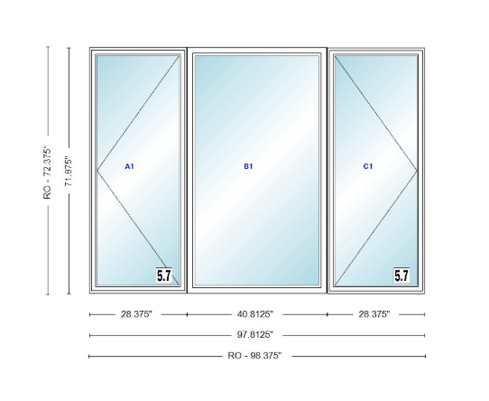 ANDERSEN Windows 400 Series LFR Picture With Casement Flankers 97-13/16" Wide Vinyl Exterior Wood Interior New Construction Low-E4 Dual Pane Argon Fill Glass Full Screens/Grilles/Tempered Optional