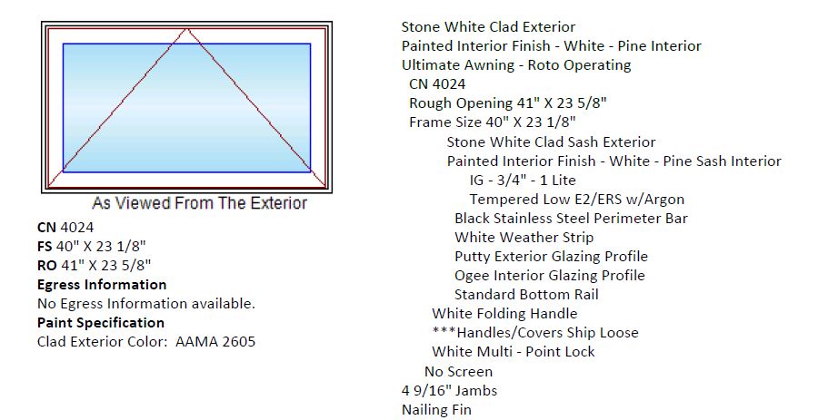 MARVIN IN STOCK Ultimate Awning CN4024 Frame Size: 40" X 23-1/8" Stone White Aluminum Clad Exterior White Painted Pine Interior 4-9/16" Jambs NO SCREEN White Hardware Black Perimeter Bar Tempered Low-E2/ERS W/ Argon Glass Nailing Fins
