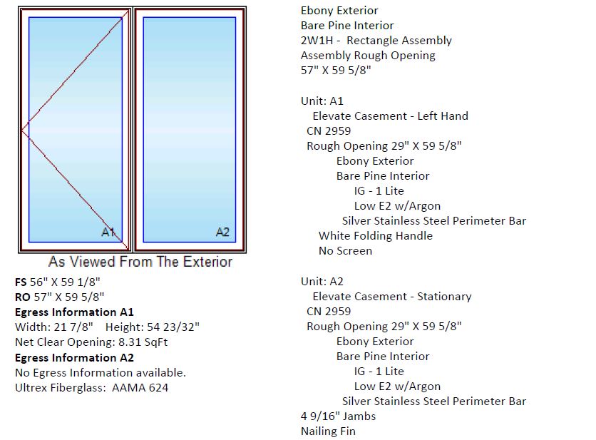 MARVIN IN STOCK Elevate Twin Casement CN2959 Frame Size: 56" X 59-1/8" Left Hand-Fixed Ebony Fiberglass Exterior Bare Pine Interior 4-9/16" Jambs NO SCREEN White Hardware Silver Perimeter Bar Nailing Fins