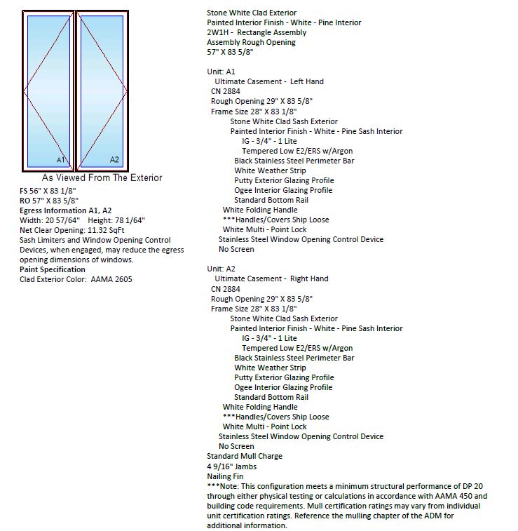 MARVIN IN STOCK Ultimate Twin Casement CN2884-2 Frame Size: 56" X 83-1/8" Stone White Aluminum Clad Exterior Painted White Pine Interior 4-9/16" Jambs White Hardware Black Perimeter Bar Stainless Steel Window Opening Control Device NO SCREENS