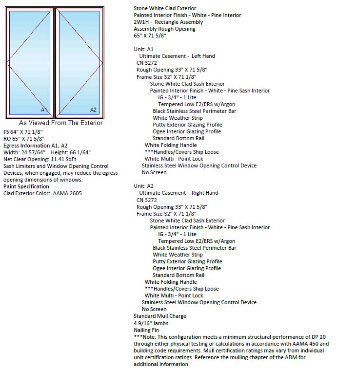 MARVIN IN STOCK Ultimate Twin Casement CN3272-2 Frame Size: 64" X 71-1/8" Stone White Aluminum Clad Exterior Painted White Pine Interior 4-9/16" Jambs White Hardware Black Perimeter Bar Stainless Steel Window Opening Control Device NO SCREENS
