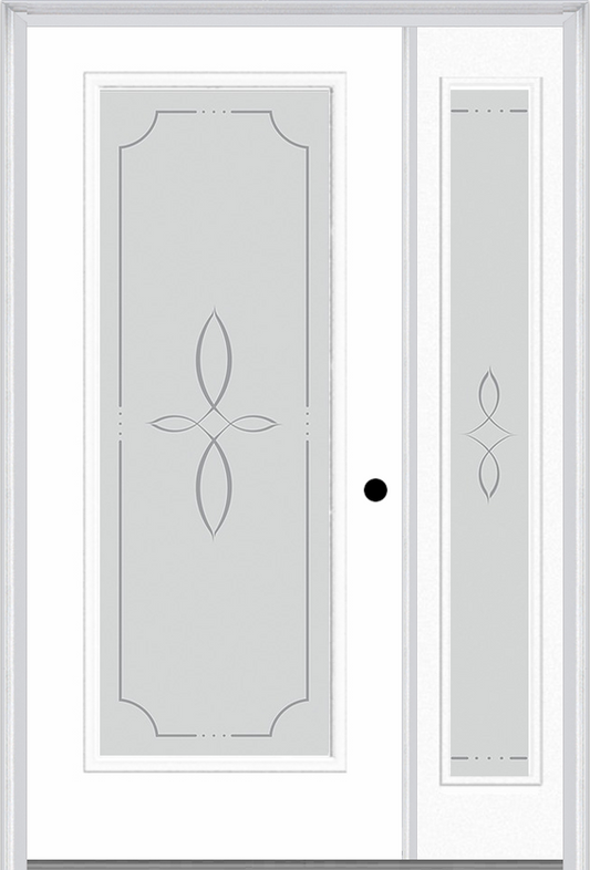 MMI Full Lite 3'0" X 6'8" Fiberglass Smooth Trace Silkscreen Exterior Prehung Door With 1 Full Lite Trace Silkscreen Decorative Glass Sidelight 686