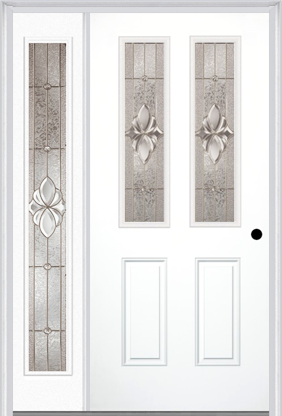 MMI 2-1/2 Lite 2 Panel 3'0" X 6'8" Fiberglass Smooth Heirlooms Brass Or Heirlooms Satin Nickel Exterior Prehung Door With 1 Full Lite Heirlooms Brass/Satin Nickel Decorative Glass Sidelight 692