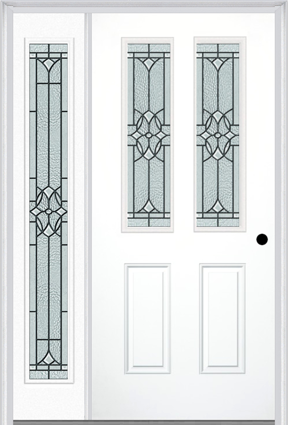 MMI 2-1/2 Lite 2 Panel 6'8" Fiberglass Smooth Selwyn Patina Exterior Prehung Door With 1 Full Lite Selwyn Patina Decorative Glass Sidelight 692