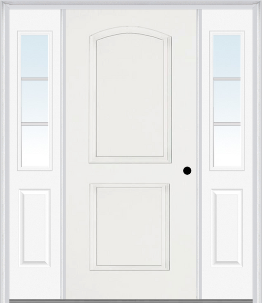 MMI 2 Panel Arch 3'0" X 6'8" Fiberglass Smooth Exterior Prehung Door With 2 Half Lite SDL Grilles Glass Sidelights 22