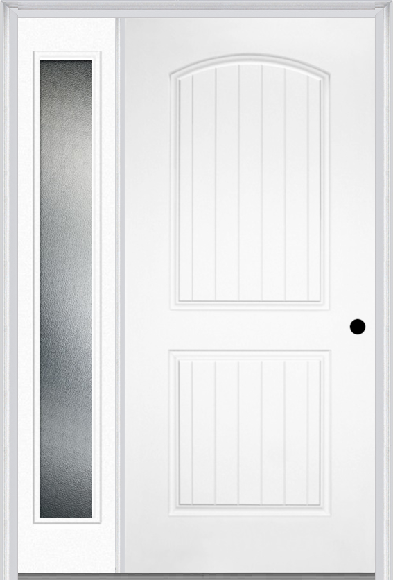 MMI 2 Panel Arch Planked 3'0" X 6'8" Fiberglass Smooth Exterior Prehung Door With 1 Full Lite Clear Or Privacy/Textured Glass Sidelight 200