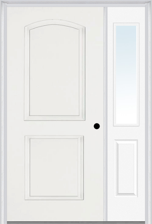 MMI 2 Panel Arch 3'0" X 6'8" Fiberglass Smooth Exterior Prehung Door With 1 Half Lite Clear Or Privacy/Textured Glass Sidelight 22