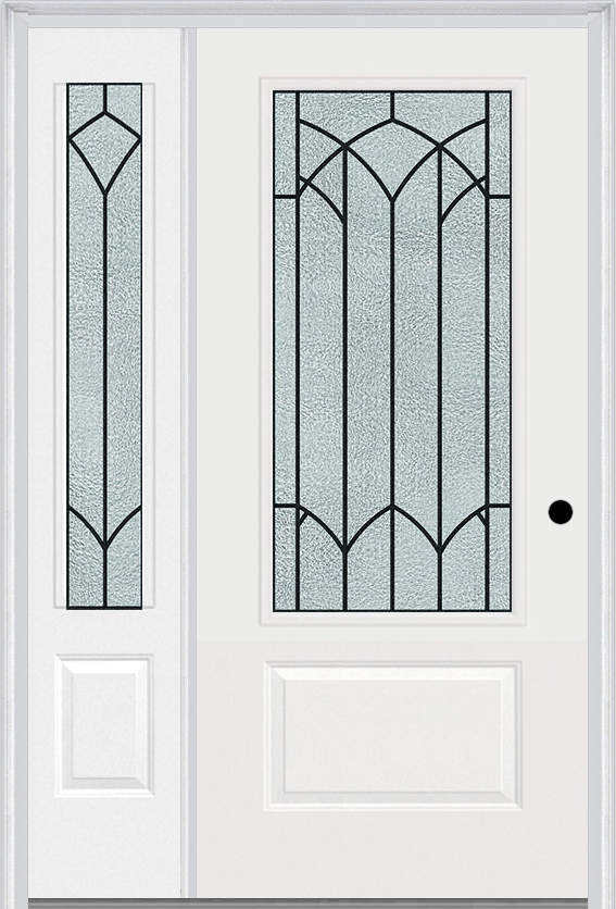 MMI 3/4 Lite 1 Panel 6'8" Fiberglass Smooth Montclaire Wrought Iron Exterior Prehung Door With 1 Montclaire Wrought Iron 3/4 Lite Decorative Glass Sidelight 608