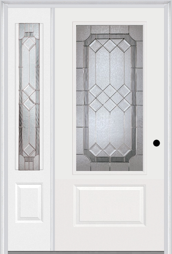MMI 3/4 Lite 1 Panel 6'8" Fiberglass Smooth Majestic Nickel Exterior Prehung Door With 1 Majestic Nickel 3/4 Lite Decorative Glass Sidelight 608